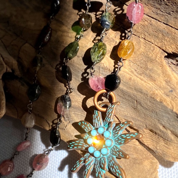 Genuine Multicolor Tourmaline Gemstone Turquoise Sun Necklace - Picture 5 of 8